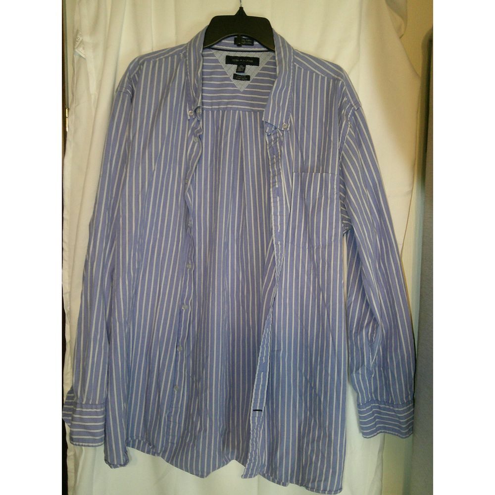 Tommy Hilfiger Men's Blue Striped Button-Down Dress Shirt Long Sleeve 18 1/2-19